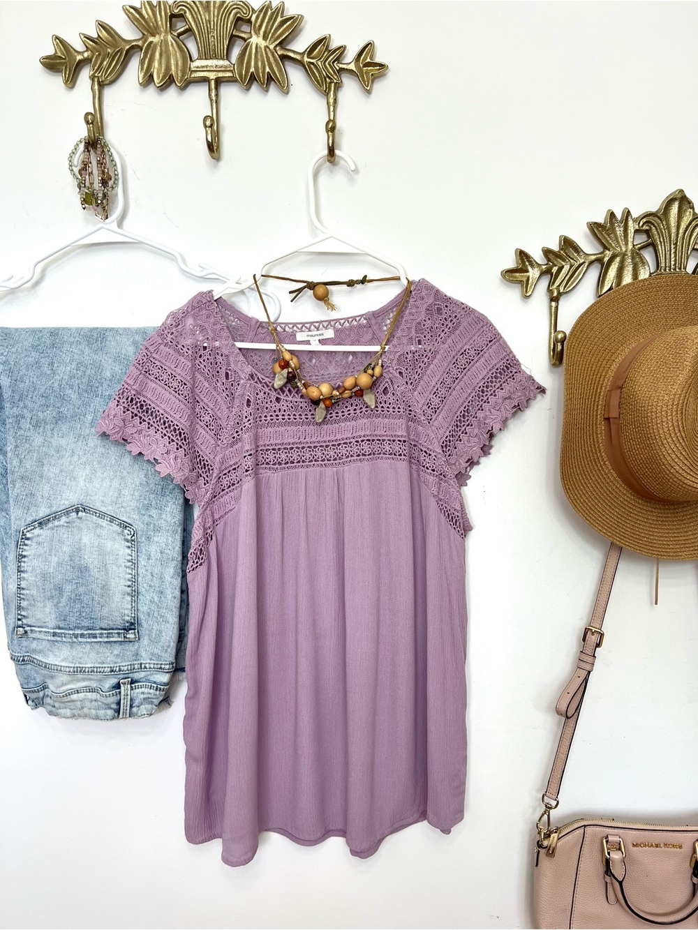 🪻🪻Boho Lace/crochet Yoke Lavender Women’s Top L